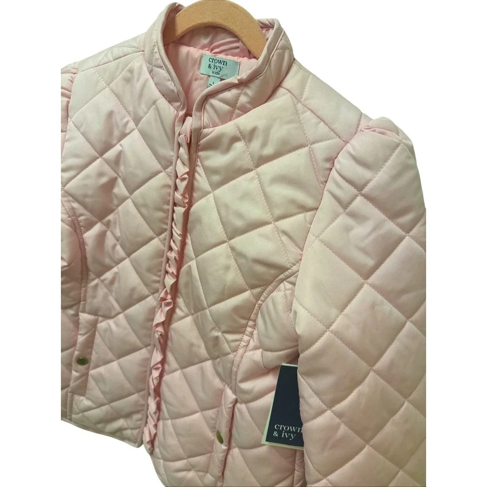 Crown & Ivy Kids Meadow Pink Quilted Ruffle Zip‎ Jacket Mock Neck Large NEW